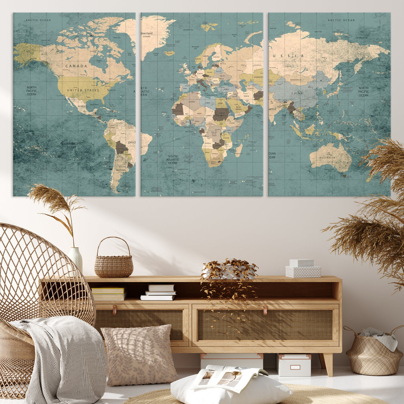 Classic World Map Wall Art Canvas Print, Framed Retro Map Art Picture Print, Vintage Atlas Perfect Rustic Explorer Decor Artwork