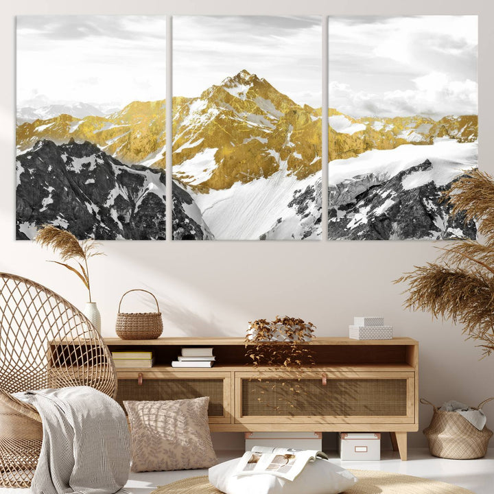 Gold Abstract Mountains Wall Art Print on Canvas.