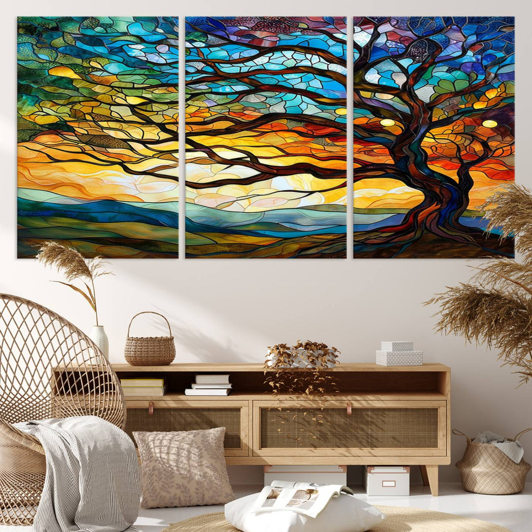 A vivid Tree of Life in stained glass style is depicted with twisted branches, a colorful sky, and hills on a ready-to-hang canvas.