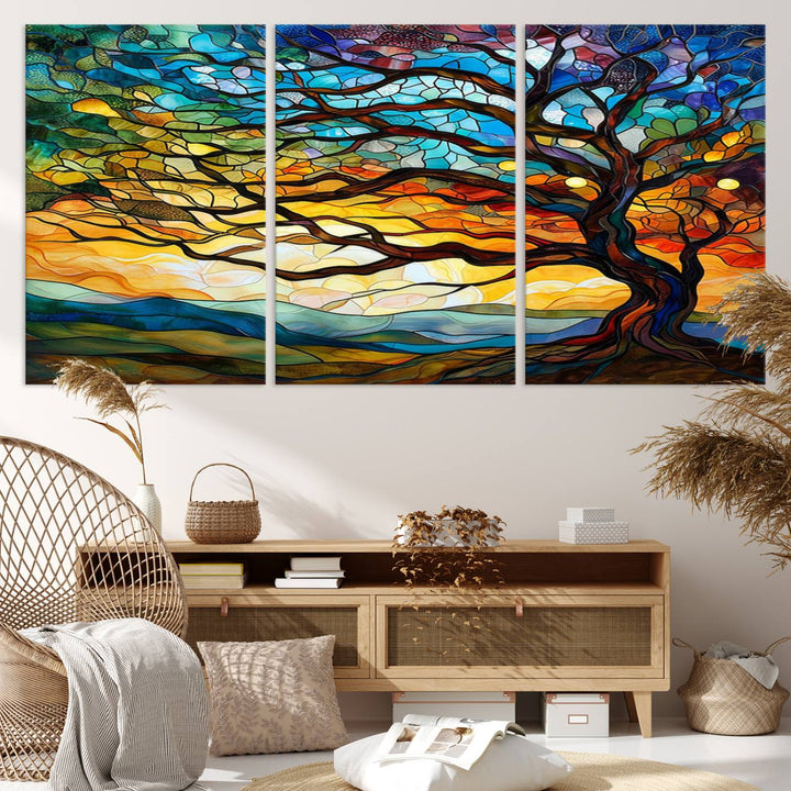 A vivid Tree of Life in stained glass style is depicted with twisted branches, a colorful sky, and hills on a ready-to-hang canvas.