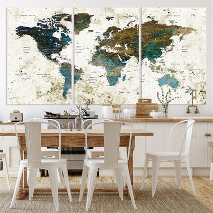 Vintage World Map Wall Art Canvas Print, Framed Rustic Earth Map Art Picture Print, Antique Map Perfect Rustic Vintage Decor Artwork