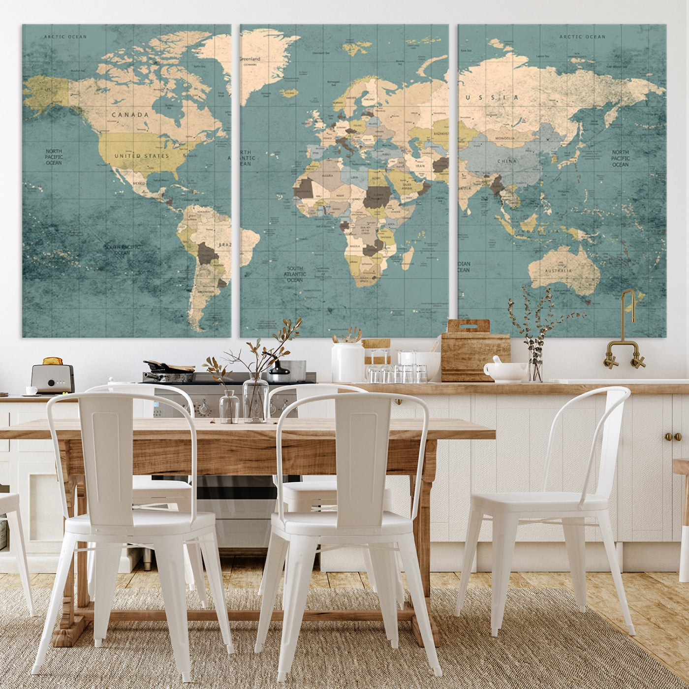 Classic World Map Wall Art Canvas Print, Framed Retro Map Art Picture Print, Vintage Atlas Perfect Rustic Explorer Decor Artwork