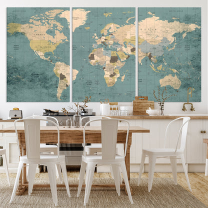 Classic World Map Wall Art Canvas Print, Framed Retro Map Art Picture Print, Vintage Atlas Perfect Rustic Explorer Decor Artwork
