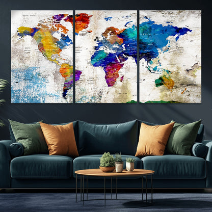 Push Pin World Map Canvas Print – Framed Wall Art for Couples to Track Their Travels – Anniversary Gift or Home Adventure Decor
