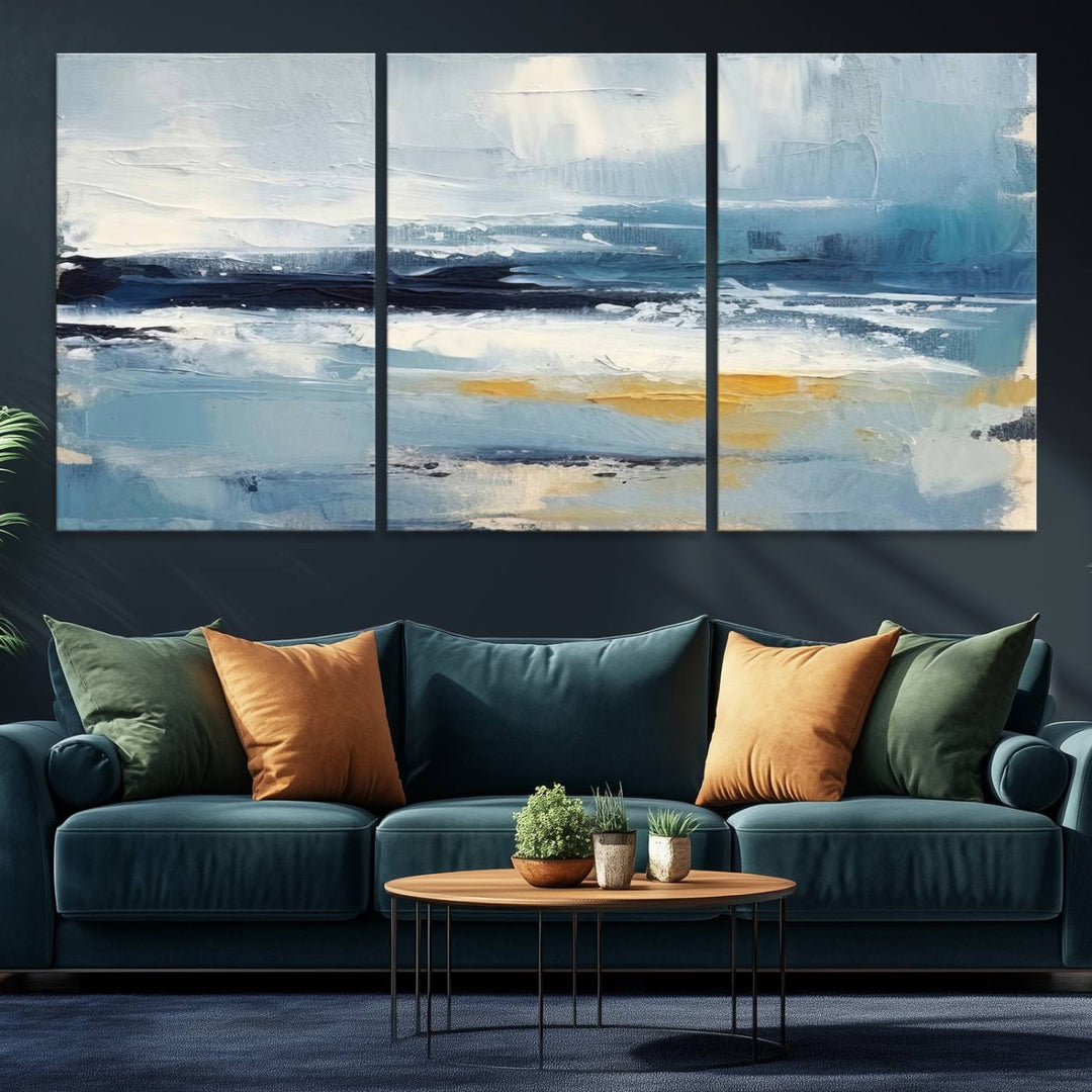 Abstract Ocean Canvas Wall Art - Coastal Blue and Gold Textured Painting, Modern Seascape Decor for Living Room Decor