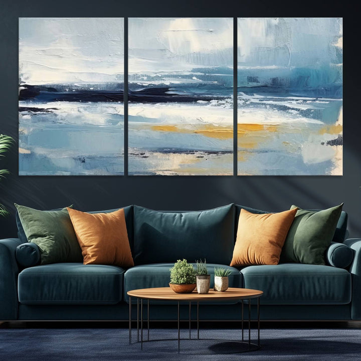 Abstract Ocean Canvas Wall Art - Coastal Blue and Gold Textured Painting, Modern Seascape Decor for Living Room Decor