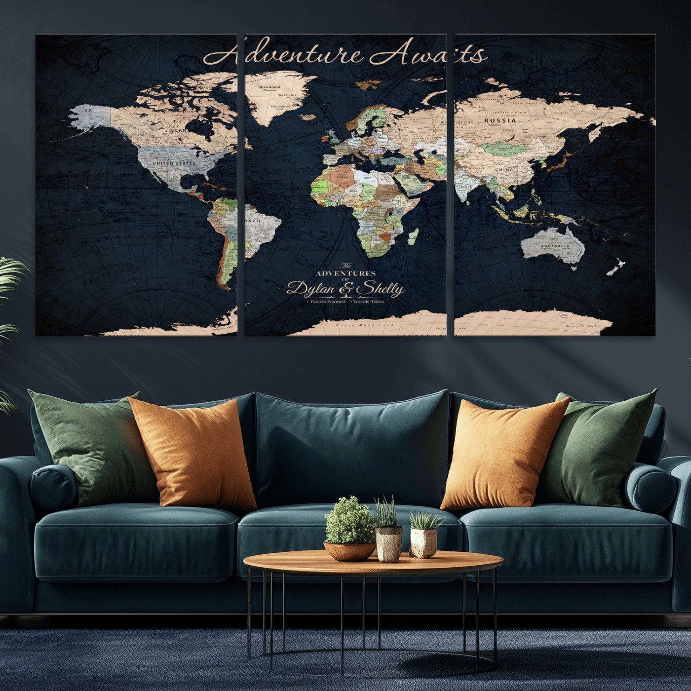 43186793-MGV-CV-30X20-Personalized World Map Print, Customizable Push Pin Framed World Map Print on Canvas - Custom Quote on Map Print