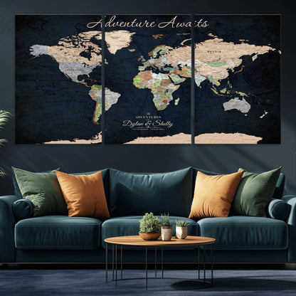 43186793-MGV-CV-30X20-Personalized World Map Print, Customizable Push Pin Framed World Map Print on Canvas - Custom Quote on Map Print