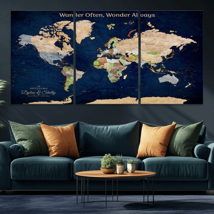 12399561-MGV-CV-30X20-Personalized World Map Print, Customizable Push Pin Framed World Map Print on Canvas - Custom Quote on Map Print