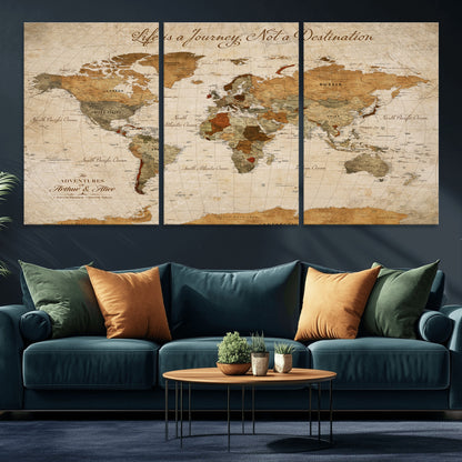 79036691-MGV-CV-30X20-Custom Push Pin World Map Wall Canvas Print – Personalized Travel Tracker with Pins – Framed Custom Quotie Canvas for Home Office Decor