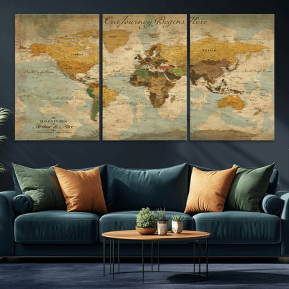 40572820-MGV-CV-36X24-Custom Push Pin World Map Wall Canvas Print – Personalized Travel Tracker with Pins – Framed Custom Quotie Canvas for Home Office Decor