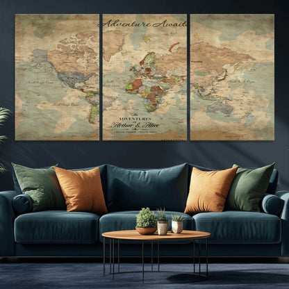 60798273-MGV-CV-30X20-Custom Push Pin World Map Wall Canvas Print – Personalized Travel Tracker with Pins – Framed Custom Quotie Canvas for Home Office Decor