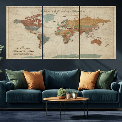 17587858-MGV-CV-36X24-Custom Push Pin World Map Wall Canvas Print – Personalized Travel Tracker with Pins – Framed Custom Quotie Canvas for Home Office Decor