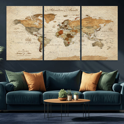 64295326-MGV-CV-30X20-Custom Push Pin World Map Wall Canvas Print – Personalized Travel Tracker with Pins – Framed Custom Quotie Canvas for Home Office Decor