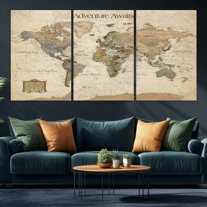33020399-MGV-CV-30X20-Custom Push Pin World Map Wall Canvas Print – Personalized Travel Tracker with Pins – Framed Custom Quotie Canvas for Home Office Decor