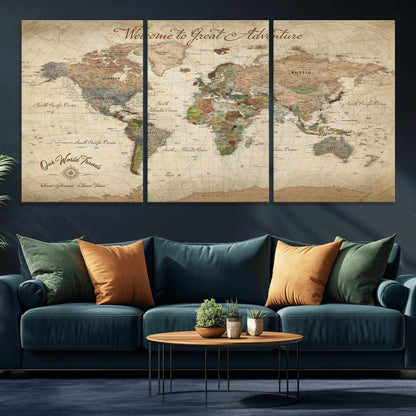 76478536-MGV-CV-30X20-Custom Push Pin World Map Wall Canvas Print – Personalized Travel Tracker with Pins – Framed Custom Quotie Canvas for Home Office Decor