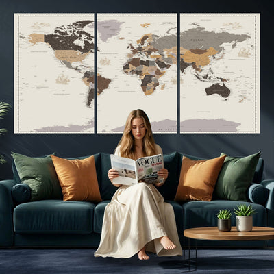 58777746-MGV-CV-36X24 - Custom Beige Modern Push Pin World Map Canvas Print, Places Visited Tracker, Bedroom and Study Decor