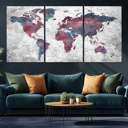 Push Pin World Map Canvas Print – Framed Wall Art for Couples to Track Their Travels – Anniversary Gift or Home Adventure Decor