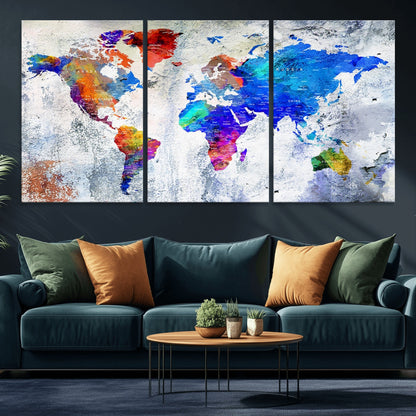 Push Pin World Map Canvas Print – Framed Wall Art for Couples to Track Their Travels – Anniversary Gift or Home Adventure Decor