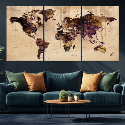 Push Pin World Map Canvas Print – Framed Wall Art for Couples to Track Their Travels – Anniversary Gift or Home Adventure Decor