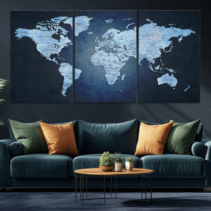 Push Pin World Map Canvas Print – Framed Wall Art for Couples to Track Their Travels – Anniversary Gift or Home Adventure Decor