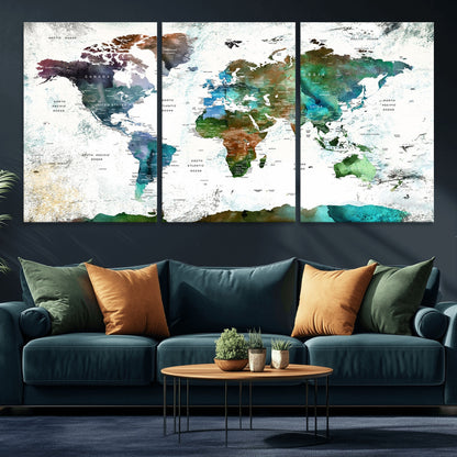 Push Pin World Map Canvas Print – Framed Wall Art for Couples to Track Their Travels – Anniversary Gift or Home Adventure Decor