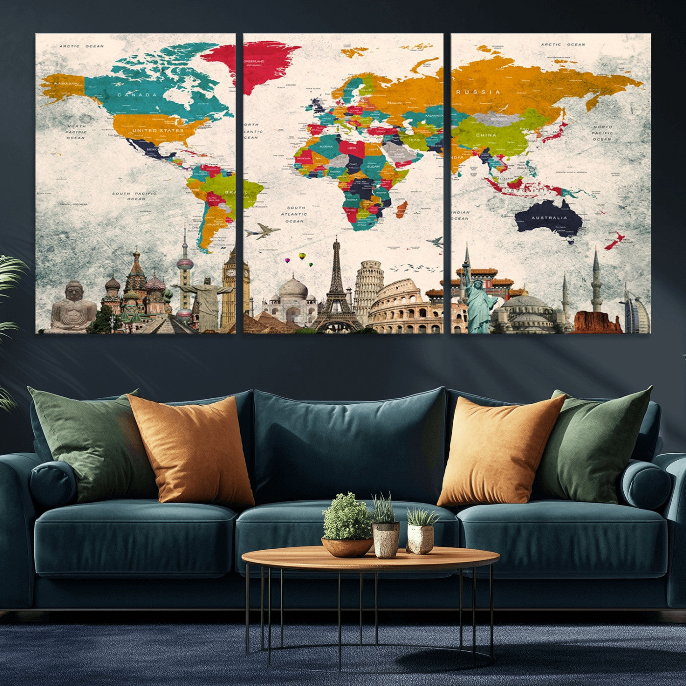 Push Pin World Map Canvas Print – Framed Wall Art for Couples to Track Their Travels – Anniversary Gift or Home Adventure Decor