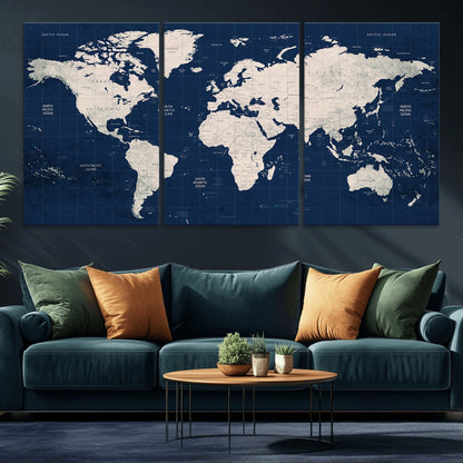Push Pin World Map Canvas Print – Framed Wall Art for Couples to Track Their Travels – Anniversary Gift or Home Adventure Decor