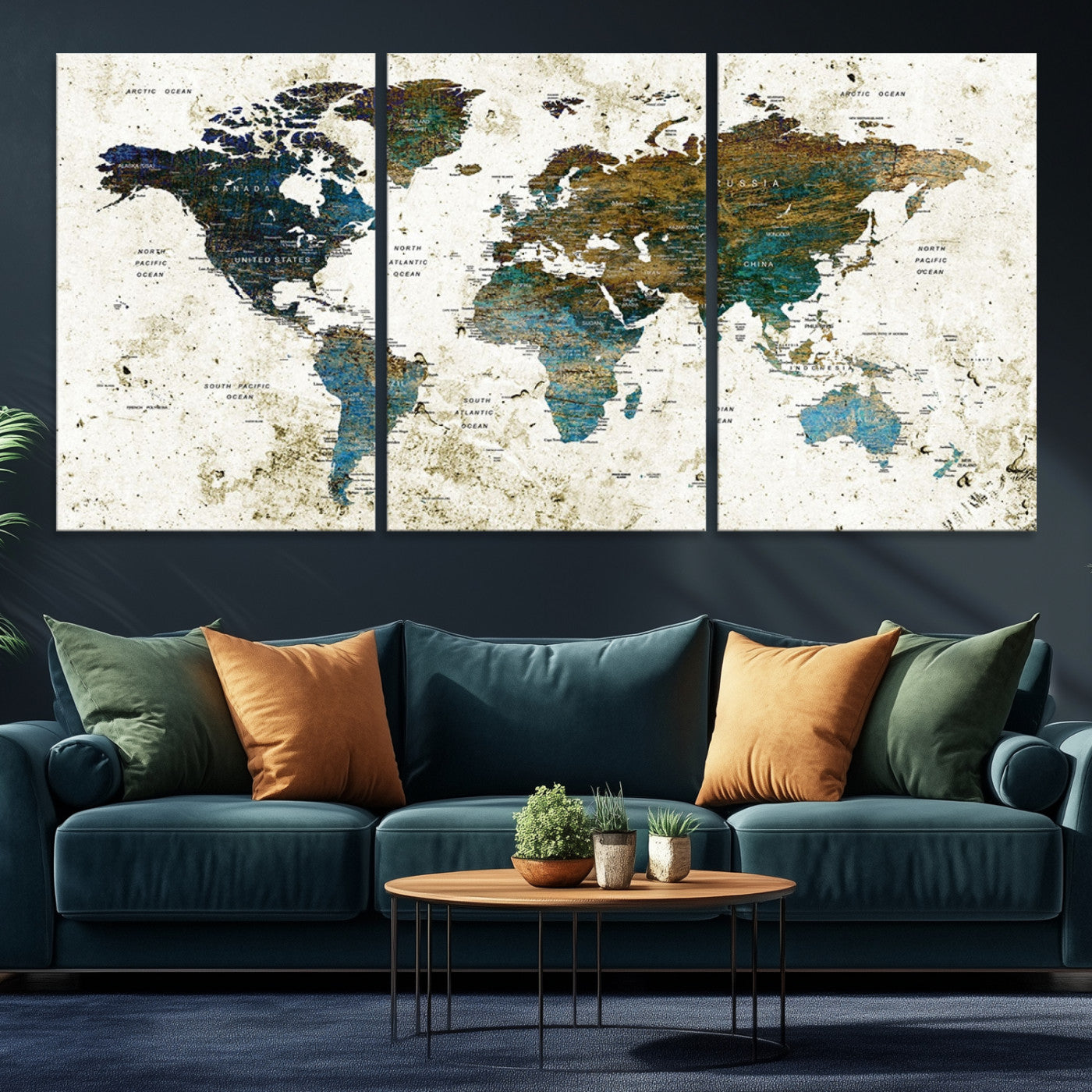 Vintage World Map Wall Art Canvas Print, Framed Rustic Earth Map Art Picture Print, Antique Map Perfect Rustic Vintage Decor Artwork