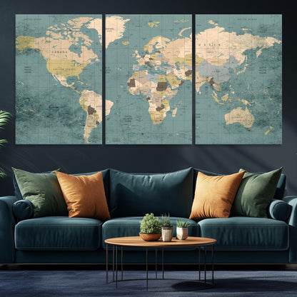 Classic World Map Wall Art Canvas Print, Framed Retro Map Art Picture Print, Vintage Atlas Perfect Rustic Explorer Decor Artwork