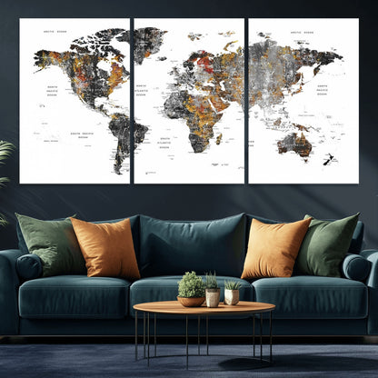 Push Pin World Map Canvas Print – Framed Wall Art for Couples to Track Their Travels – Anniversary Gift or Home Adventure Decor