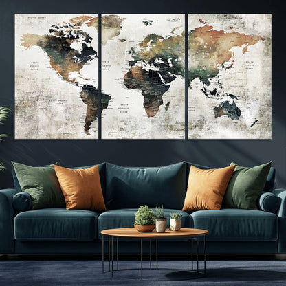 Push Pin World Map Canvas Print – Framed Wall Art for Couples to Track Their Travels – Anniversary Gift or Home Adventure Decor