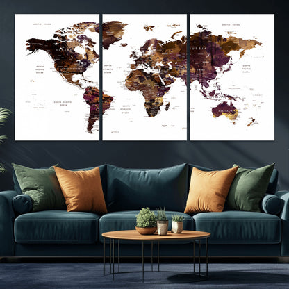 Push Pin World Map Canvas Print – Framed Wall Art for Couples to Track Their Travels – Anniversary Gift or Home Adventure Decor