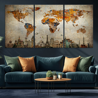Push Pin World Map Canvas Print – Framed Wall Art for Couples to Track Their Travels – Anniversary Gift or Home Adventure Decor