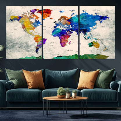 Push Pin World Map Canvas Print – Framed Wall Art for Couples to Track Their Travels – Anniversary Gift or Home Adventure Decor