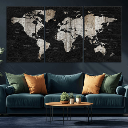 Push Pin World Map Canvas Print – Framed Wall Art for Couples to Track Their Travels – Anniversary Gift or Home Adventure Decor