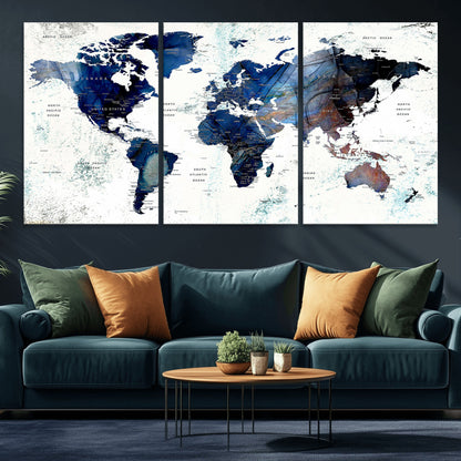 Push Pin World Map Canvas Print – Framed Wall Art for Couples to Track Their Travels – Anniversary Gift or Home Adventure Decor
