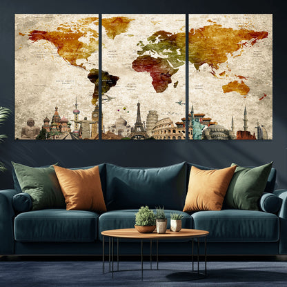 Push Pin World Map Canvas Print – Framed Wall Art for Couples to Track Their Travels – Anniversary Gift or Home Adventure Decor