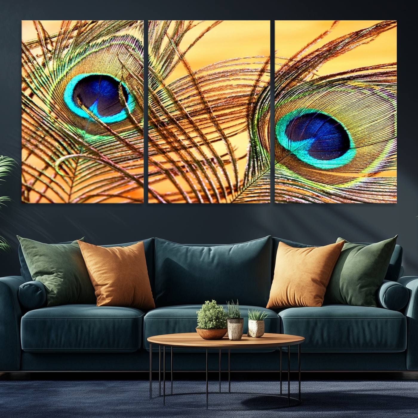 Peacock Feather Wall Art Print - Vibrant Green, Blue, and Orange Peacock Feather Design, Ready to Hang