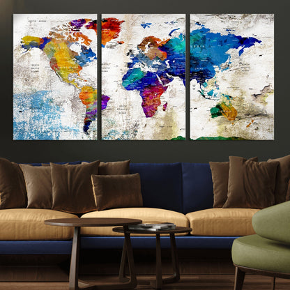 Push Pin World Map Canvas Print – Framed Wall Art for Couples to Track Their Travels – Anniversary Gift or Home Adventure Decor