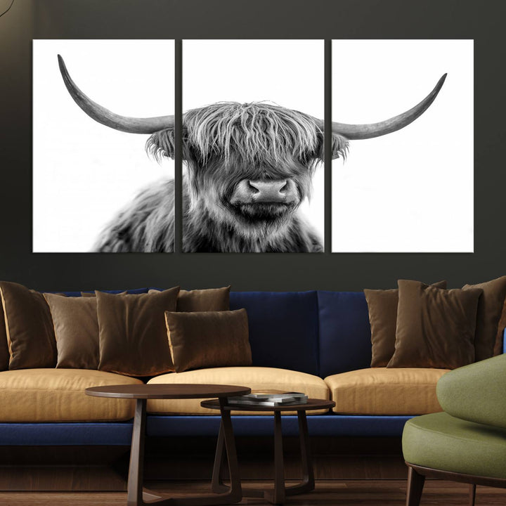 Scottish Highland Cow Cattle Art Print Wall Art Canvas Print for Farmhouse Decor, Framed Scottish Highland Cow Canvas