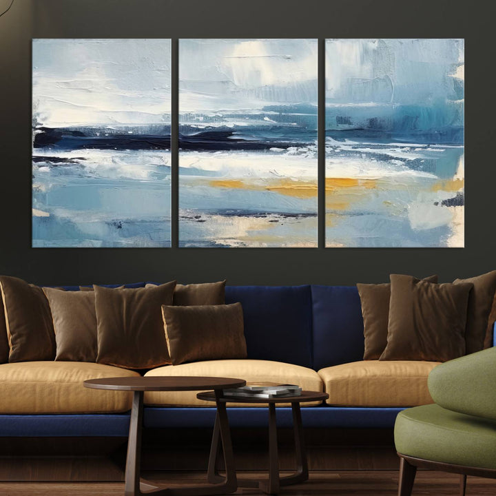 Abstract Ocean Canvas Wall Art - Coastal Blue and Gold Textured Painting, Modern Seascape Decor for Living Room Decor