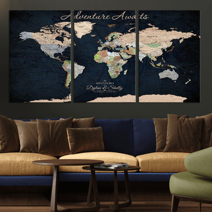 43186793-MGV-CV-30X20-Personalized World Map Print, Customizable Push Pin Framed World Map Print on Canvas - Custom Quote on Map Print