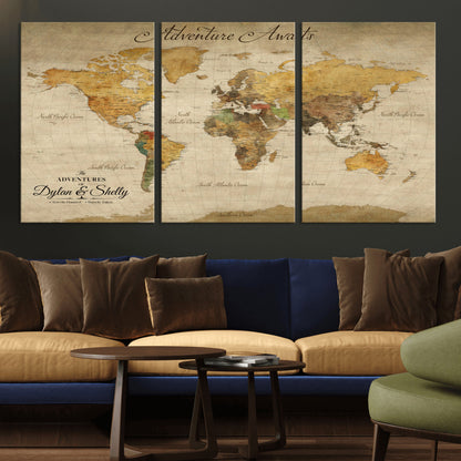 50298017-MGV-CV-36X24-Personalized World Map Print, Customizable Push Pin Framed World Map Print on Canvas - Custom Quote on Map Print