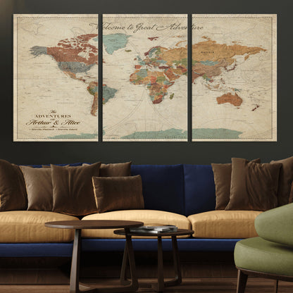 17587858-MGV-CV-36X24-Custom Push Pin World Map Wall Canvas Print – Personalized Travel Tracker with Pins – Framed Custom Quotie Canvas for Home Office Decor