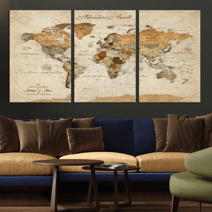 64295326-MGV-CV-30X20-Custom Push Pin World Map Wall Canvas Print – Personalized Travel Tracker with Pins – Framed Custom Quotie Canvas for Home Office Decor