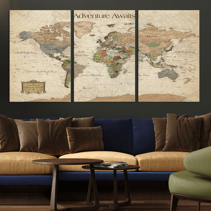 33020399-MGV-CV-30X20-Custom Push Pin World Map Wall Canvas Print – Personalized Travel Tracker with Pins – Framed Custom Quotie Canvas for Home Office Decor