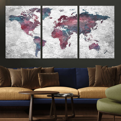 Push Pin World Map Canvas Print – Framed Wall Art for Couples to Track Their Travels – Anniversary Gift or Home Adventure Decor