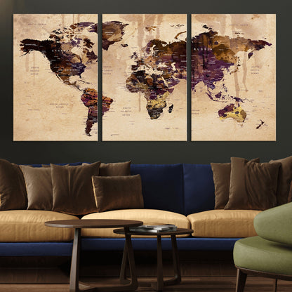 Push Pin World Map Canvas Print – Framed Wall Art for Couples to Track Their Travels – Anniversary Gift or Home Adventure Decor