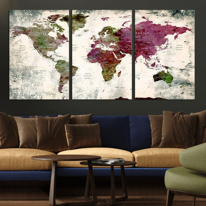 Push Pin World Map Canvas Print – Framed Wall Art for Couples to Track Their Travels – Anniversary Gift or Home Adventure Decor
